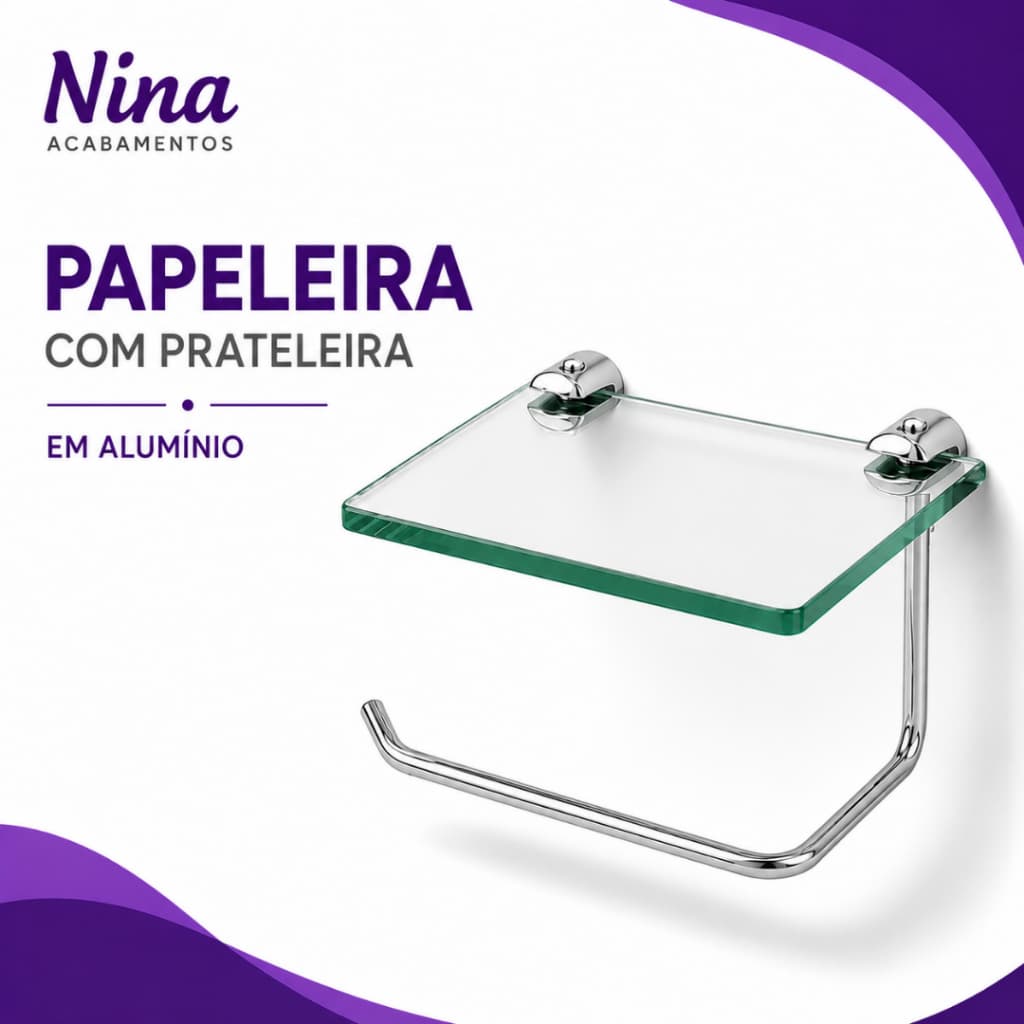 Papeleira Porta Papel Higiênico com Prateleira de Vidro Temperado e Haste em Alumínio Cromado