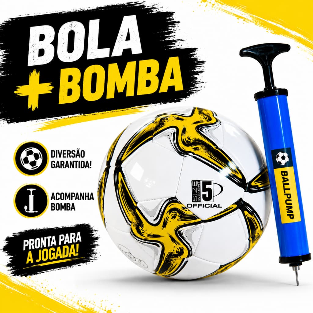 Kit Bola de Futebol Couro Sintético + Bomba de Ar Bola Grande n° 5