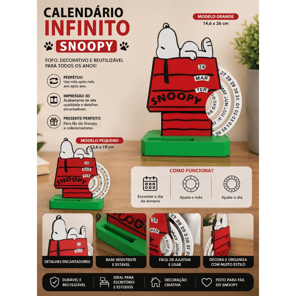 Calendário Infinito Snoopy Perpétuo Decorativo | Calendário Reutilizável 3D