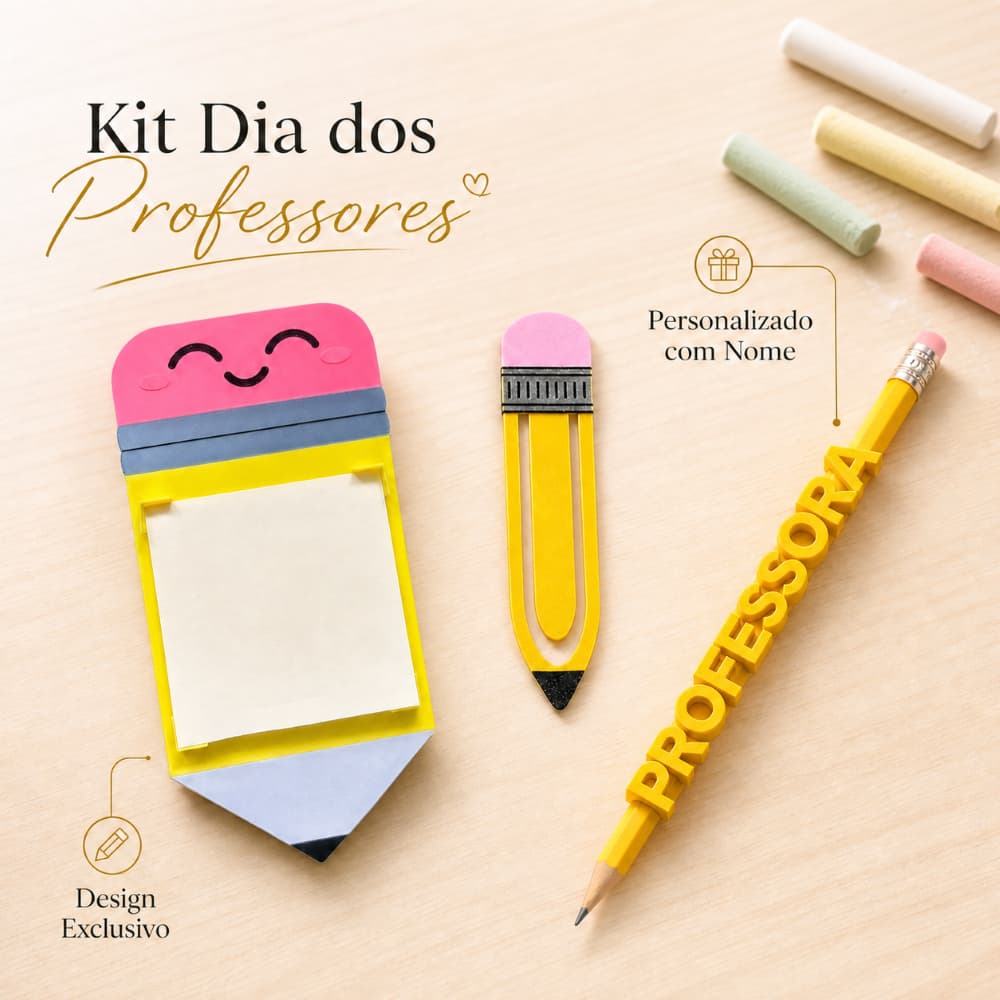 Kit Presente Dia dos Professores Personalizado | Porta Post-it, Marcador e Lápis com Nome | Lembrancinha Criativa e Útil