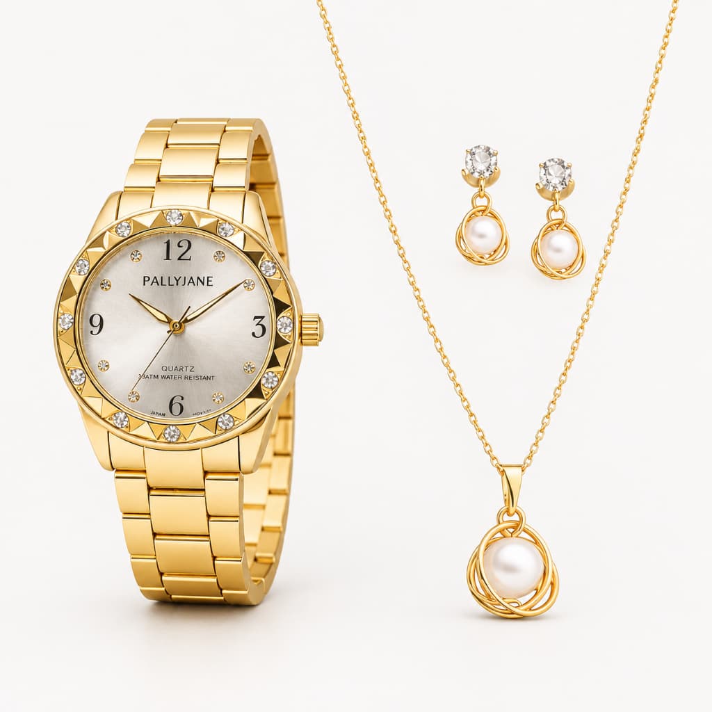 Kit Relógio Feminino Dourado Colar Pérola Brincos Presente Namorada Esposa