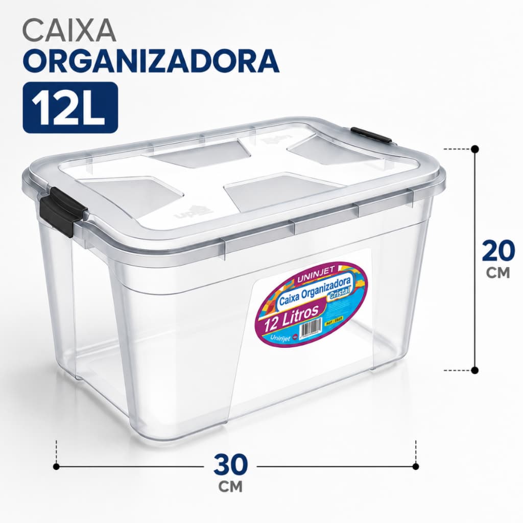 Caixa Organizadora Multiuso 12L Transparente c/ Travas Caixa Plástica Closet Roupas Brinquedos