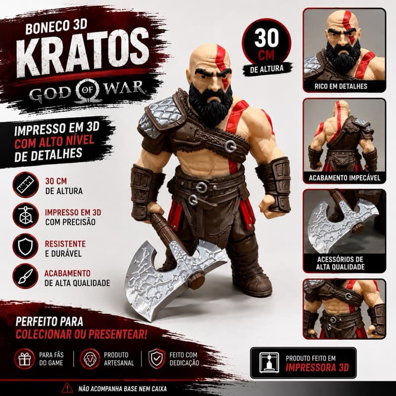 Boneco Kratos 30cm Impressão 3D Decorativo Colecionável Guerreiro Nórdico