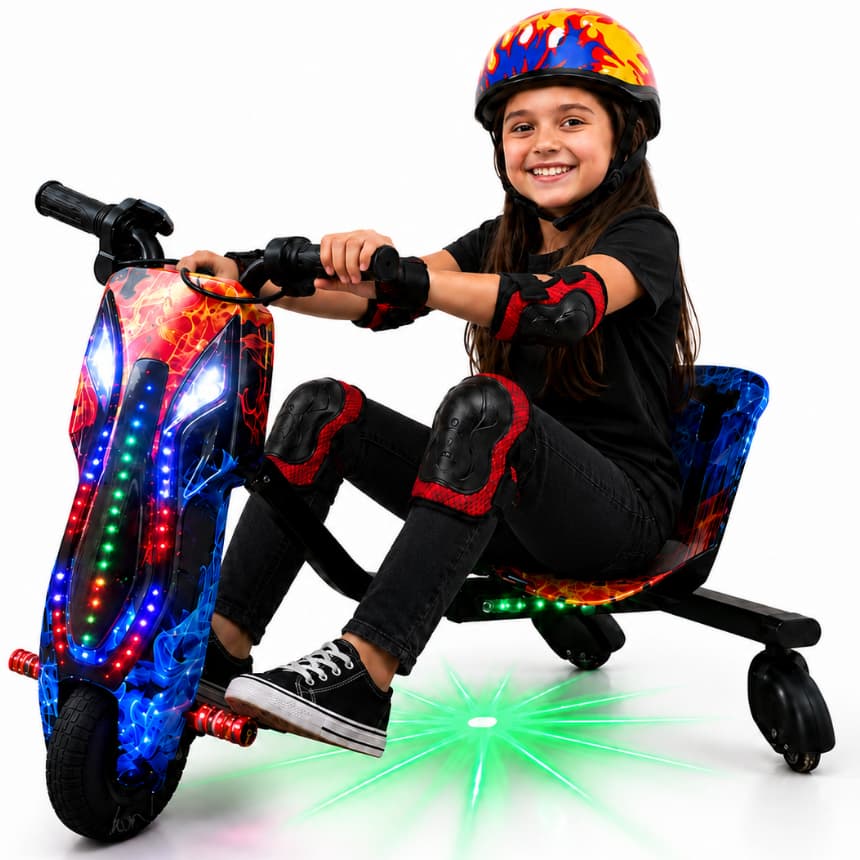 Triciclo Drif Elétrico Infantil/Adulto C/Bluetooth Capacete Joelheiras 150W 36V Alta Potência Três Velocidades