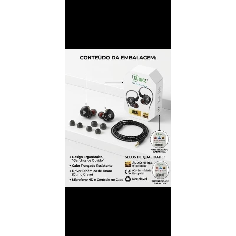 FONE DE OUVIDO COM FIO - INTRA AURICULAR QKZ AK6 – SOM PROFISSIONAL COM CERTIFICAÇÃO HI RES AUDIO 🎧