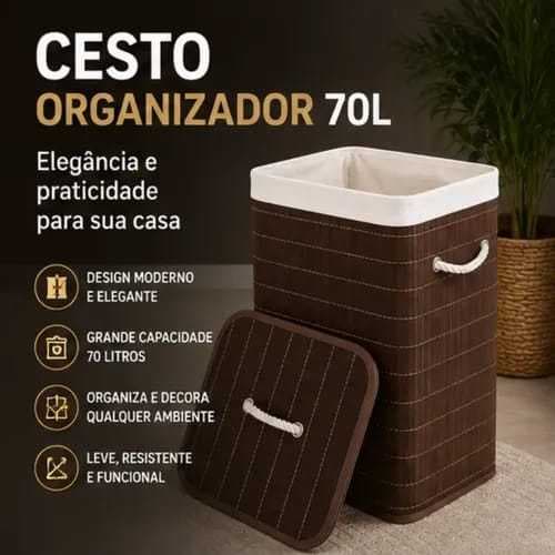 Cesto Organizador de Bambu Marrom 70 Litros com Tampa e Alças Grande para Roupas Lavanderia Quarto Banheiro