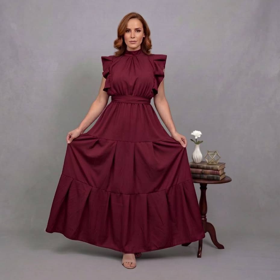 Vestido Feminino Casual Elegante Longo Com Gola Alta e Babado na Manga
