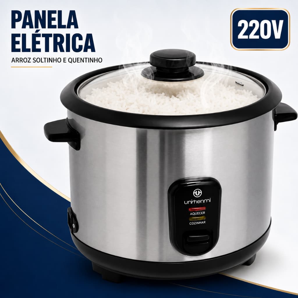 Panela de Arroz Elétrica Aço Inox Antiaderente 6 Xícaras UNITERMI 220V Prática Compacta