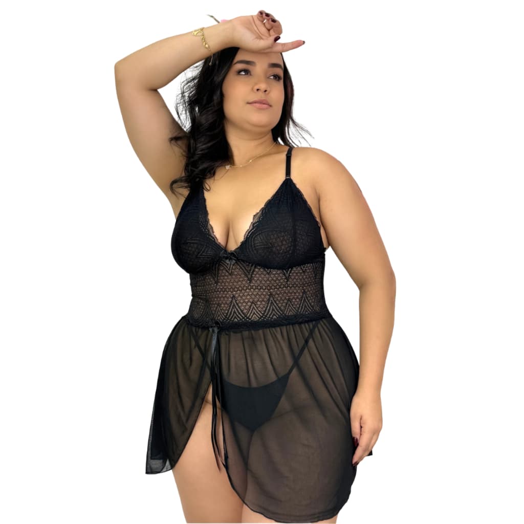 💖Camisola Plus Size em Tule e Renda com Calcinha Fio – Sem Bojo, Fenda Frontal Sensual Feminina