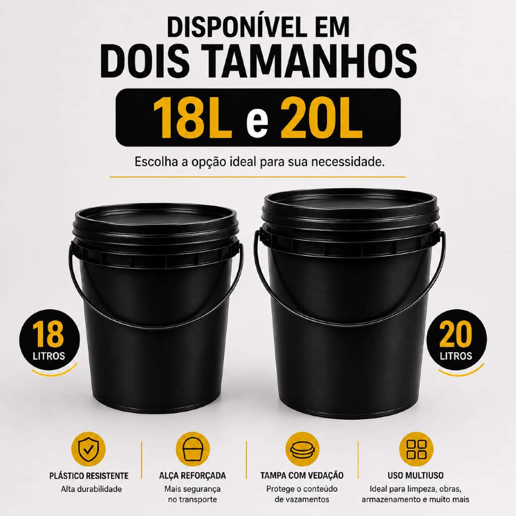 BALDE PLÁSTICO PRETO LISO 18L E 20L – COM TAMPA  ALÇA REFORÇADA MULTIUSO PARA LIMPEZA E OBRAS