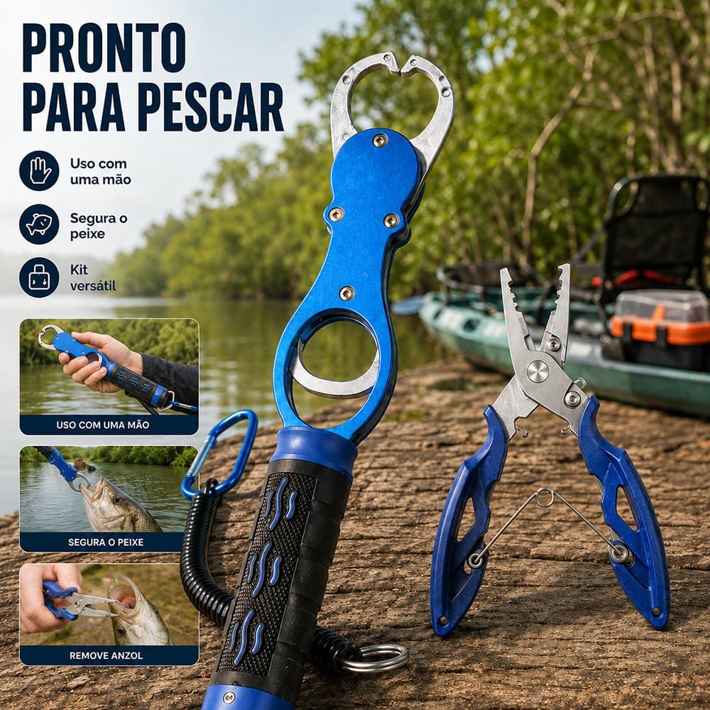 Kit Pesca Alicate Pega Peixe com Balança 18kg e Alicate Multifuncional com Cordão