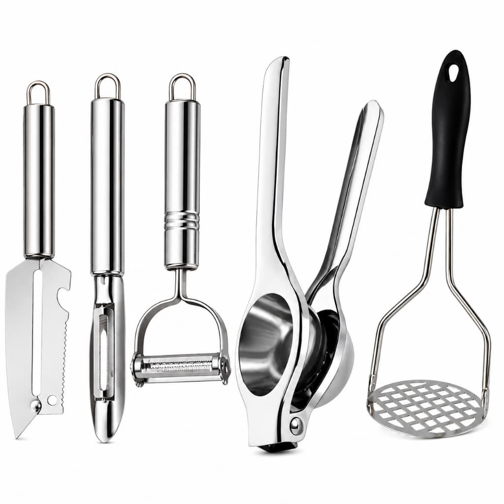 Kit 5 Peças Inox Espremedor Descascador Amassador Ralador