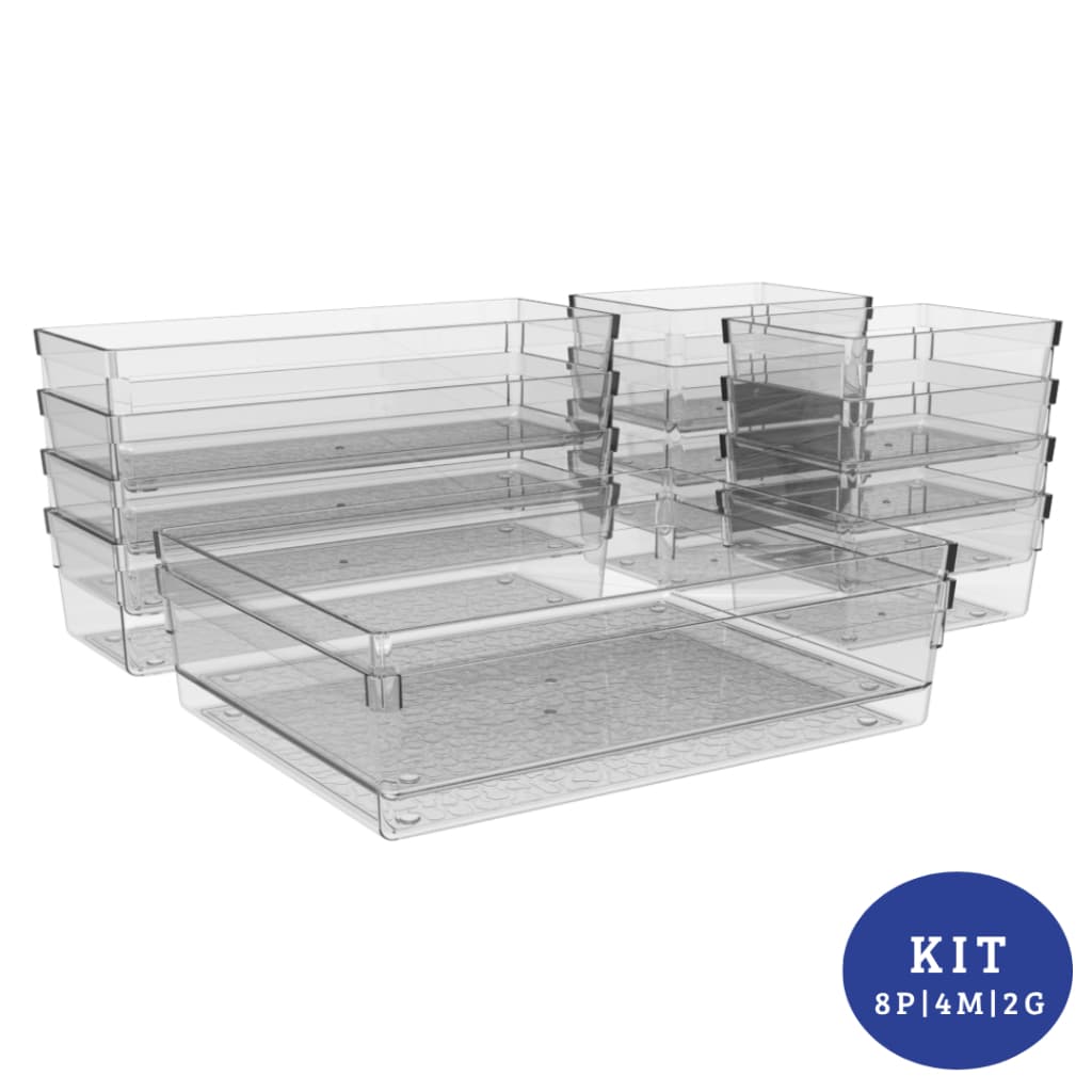 Kit com 14 Organizadores de Acrilico Multiuso Modular Geladeira Gaveta Armario Maquiagens 8P 4M 2G