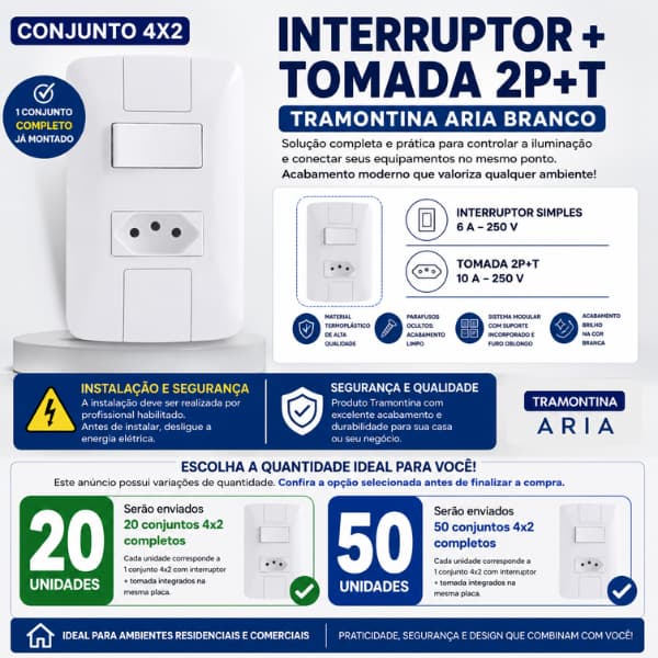 Conjunto 4x2 Interruptor e Tomada Branco
