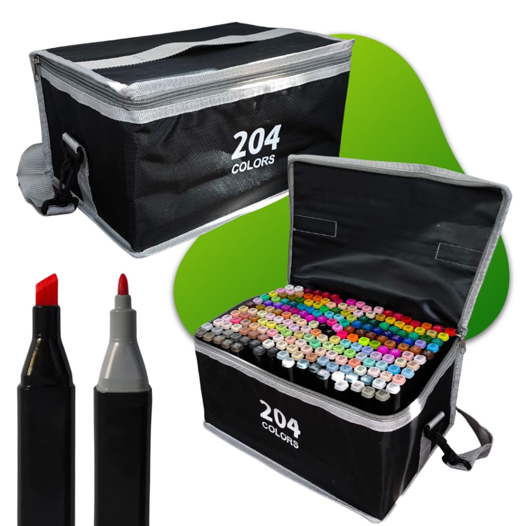 Caneta Marcadora Kit Com 204 Cores Escolar Pintura Desenho Ponta Dupla