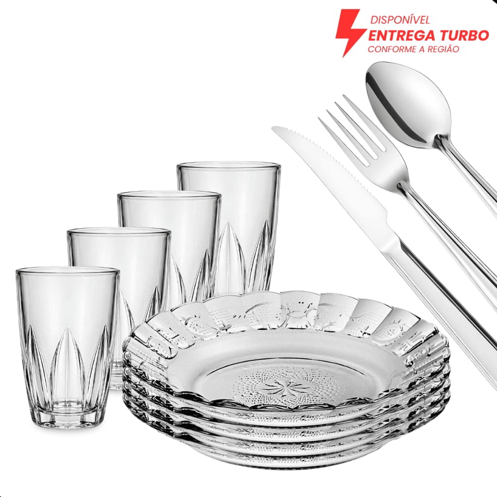 Aparelho de Jantar 20 Peças - 4 Pratos, 4 Copos 240ml e 12 Talheres Inox - Kit Mesa Posta