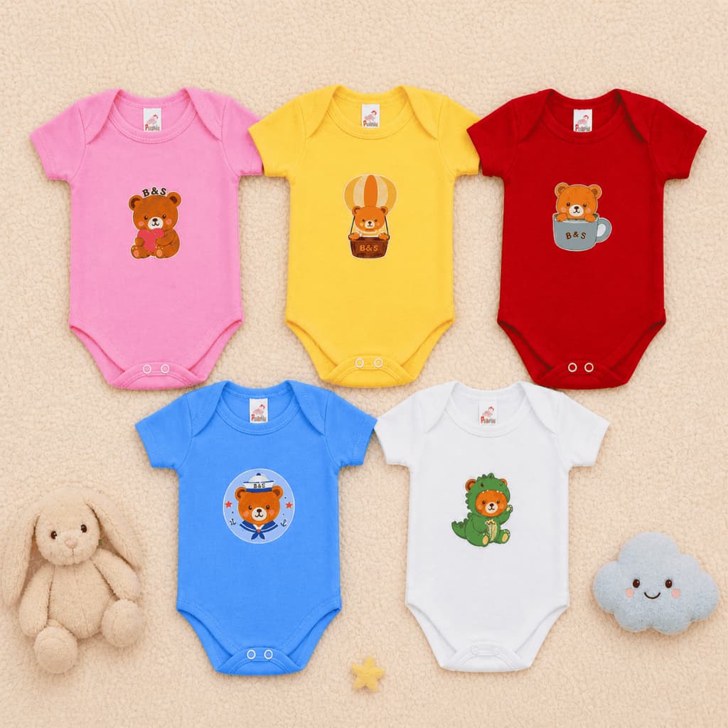 Body Bebê Estampado Manga Curta Suedine 100% Algodão Botões Entrepernas Estampas Exclusivas