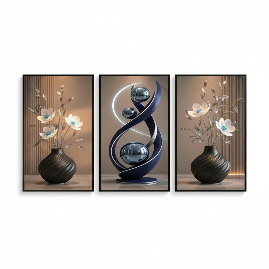 Quadro Decorativo 3 Peças Flores e Escultura Abstrata Tríptico Sala Quarto