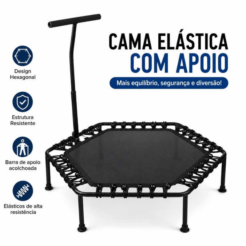 Cama Elástica Profissional com Barra de Apoio até 250kg 112cm 36 Cordas Elásticas