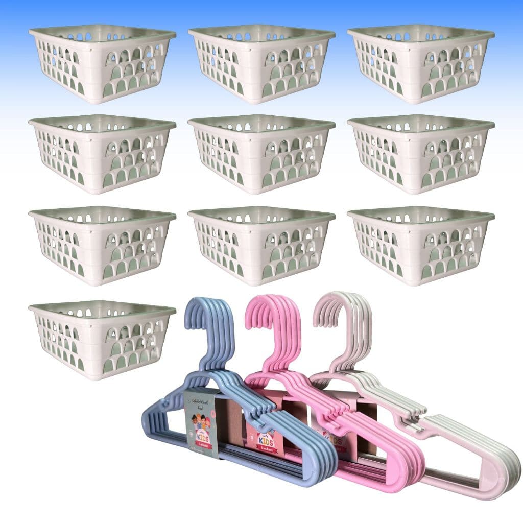 Kit 10 Cesto Organizador e 20 Cabide Infantil Branco Rosa Azul