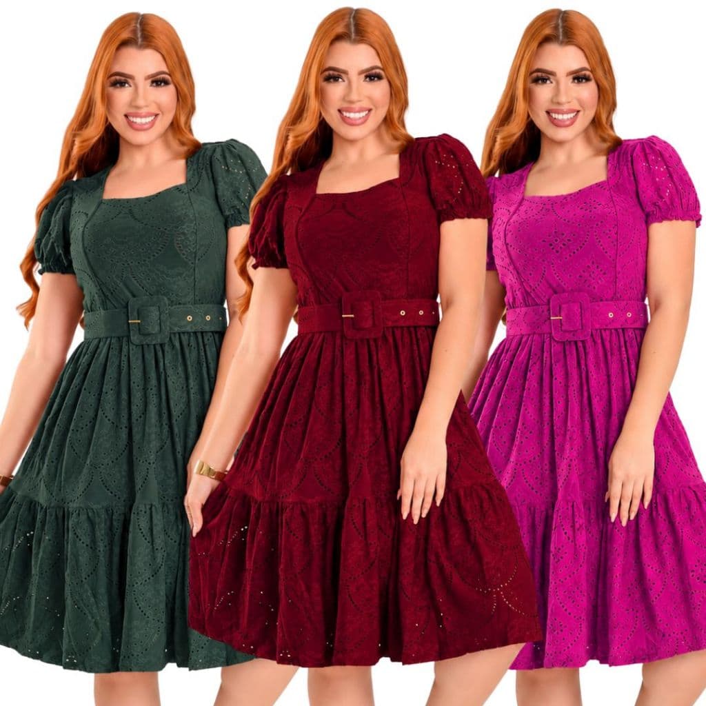 Vestido Feminino Midi Laise com Cinto Manga Bufante Princesa Moda Evangélica