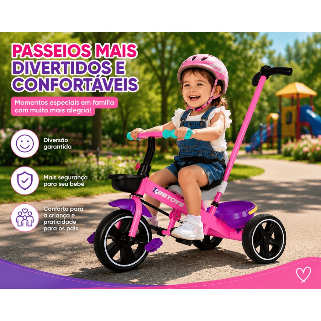 Triciclo Infantil Rosa 3 Anos Com Empurrador Cinto Encosto Apoio Dos Pés E Cesto