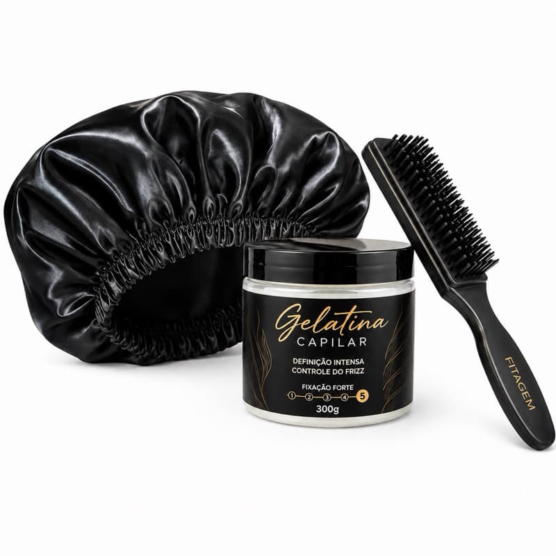 Kit Touca de Cetim GG + Gelatina Capilar + Escova Fitagem | Proteção, Definição e Controle do Frizz