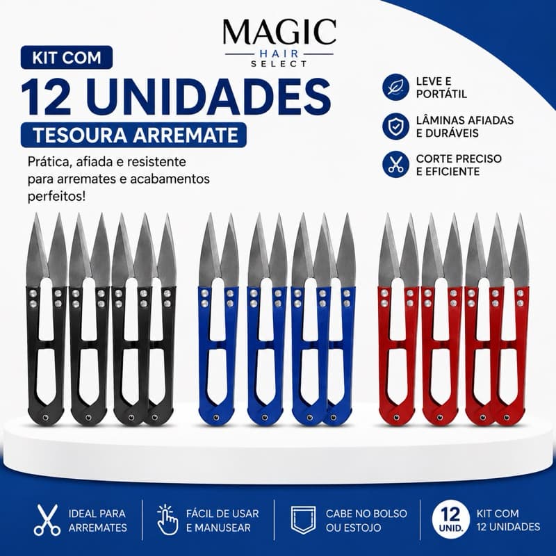 Kit 12 Tesouras de Arremate Tecelão Profissional Metal Pic para Tranças, Lace e Mega Hair