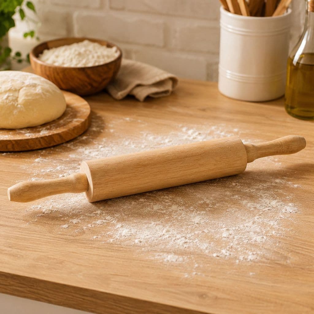 Rolo de Massa Giratório Madeira 43cm Abridor de Massa Pizza Pão Macarrão Confeitaria Não Gruda