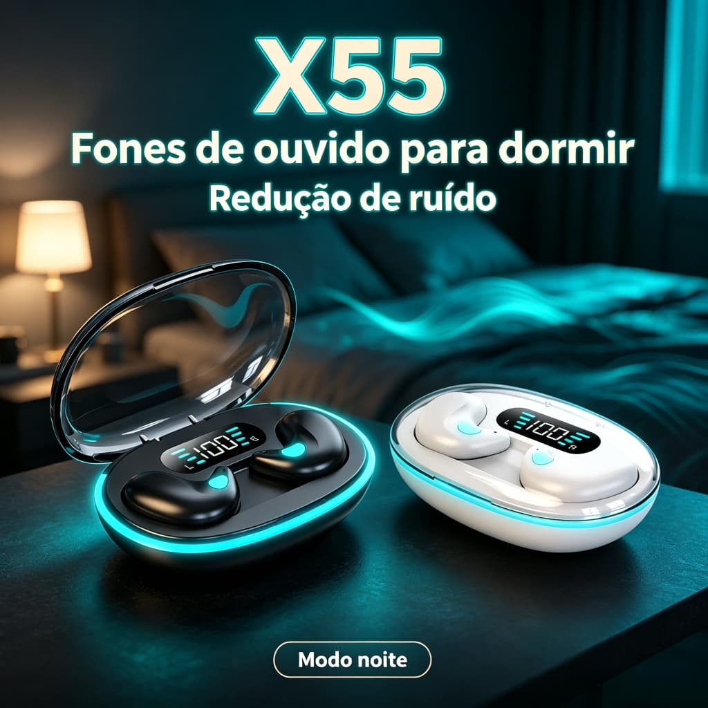 X55 Fones de Ouvido para Dormir com Carregador Digital LED, Ultra Fino 1cm, Impermeável, Redução de Ruído