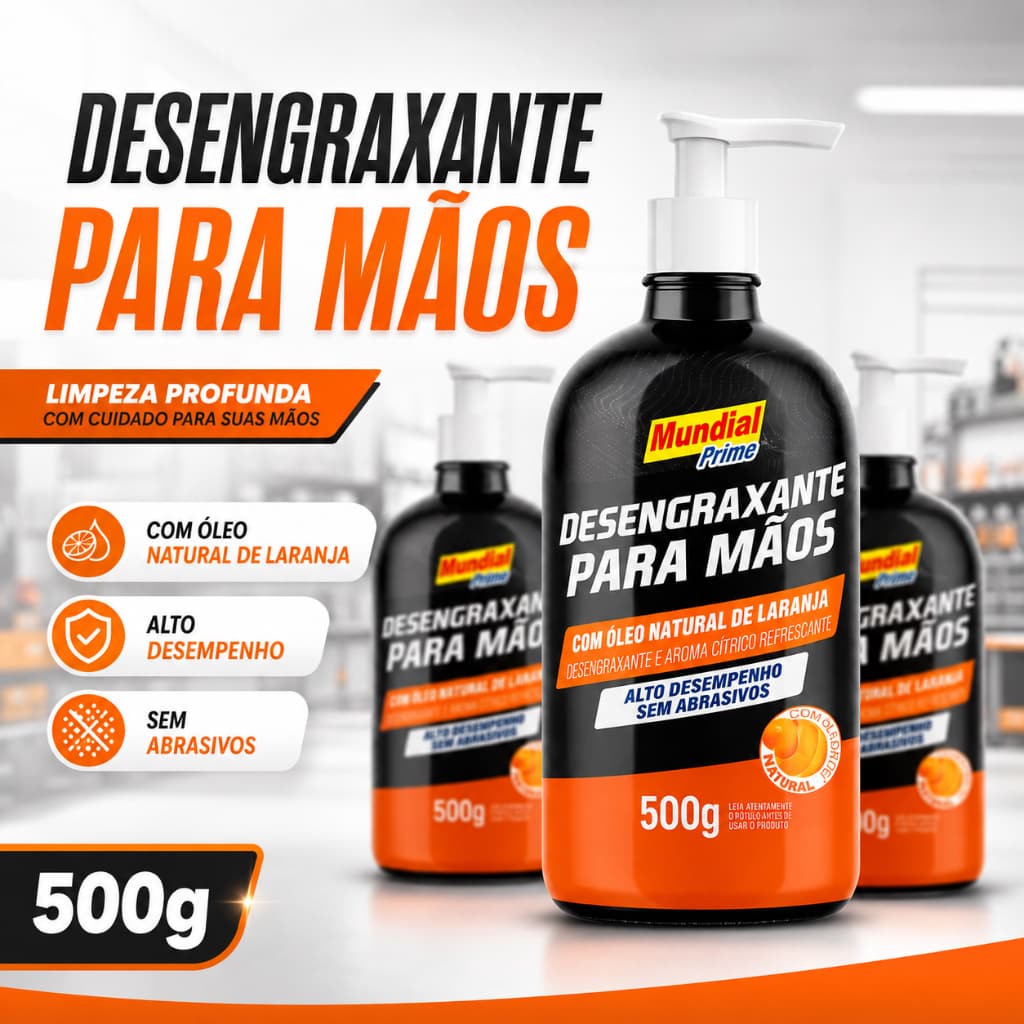 Desengraxante Mãos Mundial Prime 500ml Removedor de Graxa Óleo Limpeza Profundo Profissional Automotivo Doméstico