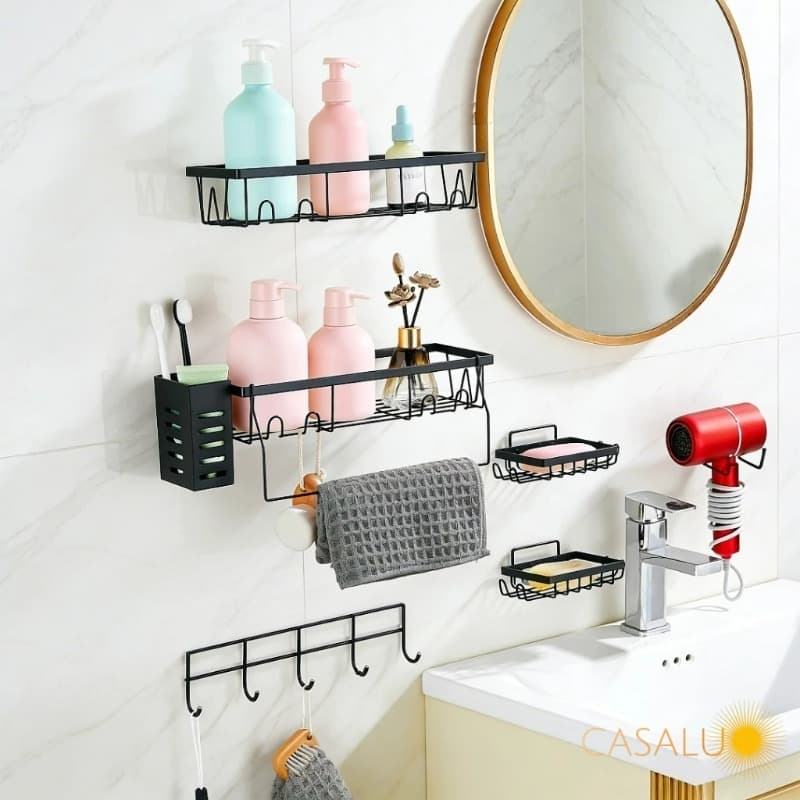 Kit 7 Peças Organizadores Banheiro Lavabo Suporte Metal Porta Secador Escova Gancho Cabide Autocolante