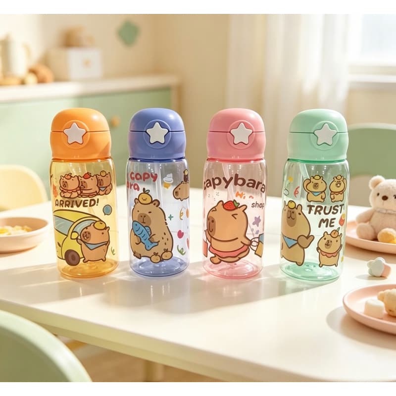 Garrafa squeeze Infantil com Tampa e Canudo em Silicone 500ml Bebe Criança Escola Água Suco Capivara