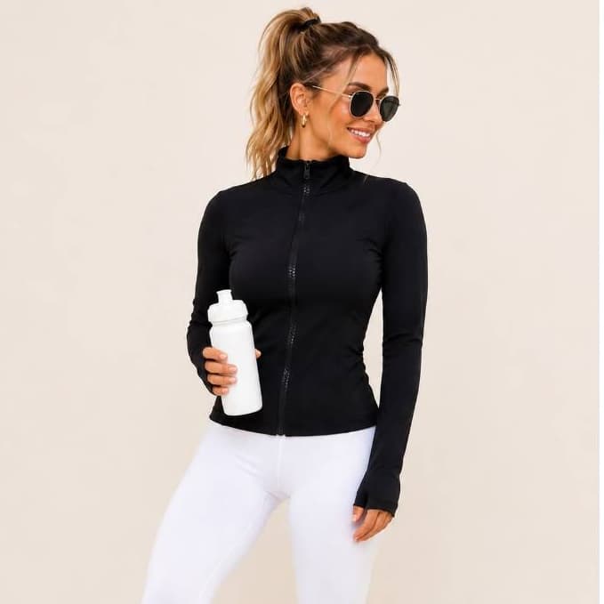 Jaqueta Fitness Feminina Com Polegar Manga Longa Sem Bolsos Modeladora Academia Corrida Yoga Treino