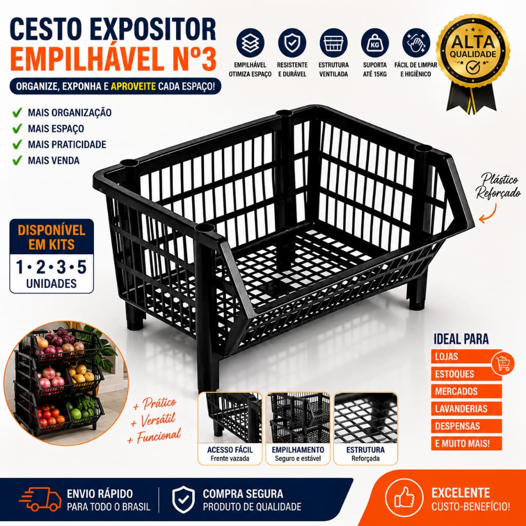 Cesto Expositor Empilhável N3 Organizador Modular Grande Multiuso Plástico Reforçado Preto