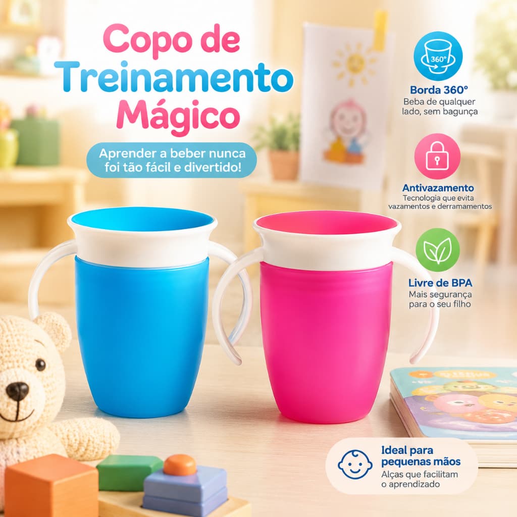 Copo de Treinamento Infantil 360° Antivazamento com Alças - Copo Mágico Livre de BPA para Bebês e Crianças transição