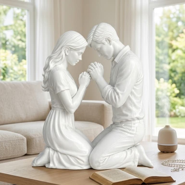 Escultura decorativa lembrança religioso Casal orando rezando