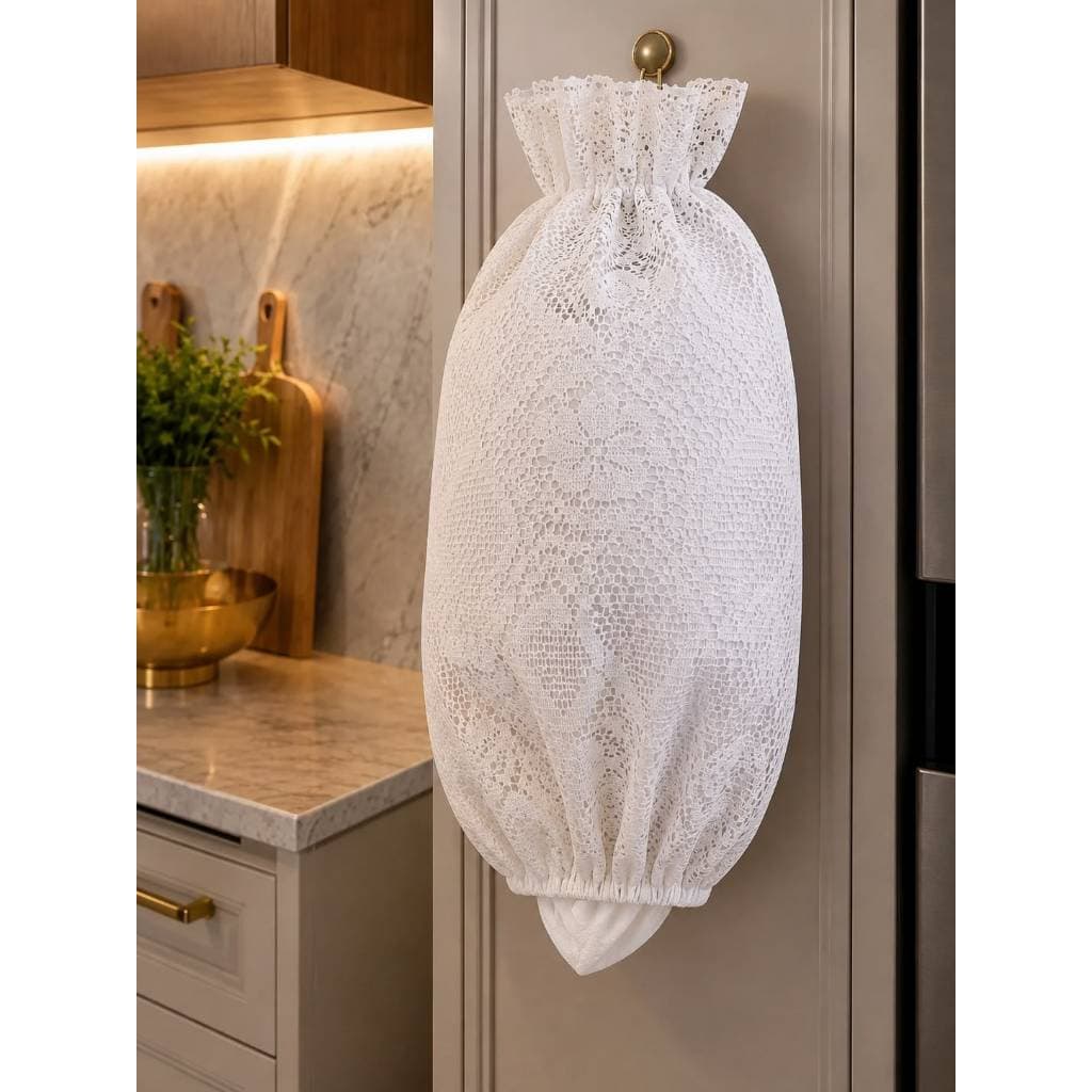 Puxa Saco / Dispenser de Sacola Delicado De Renda Branca Com Forro Branco | Organizador de Sacolas - 48x43cm