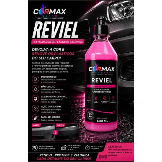 Reviel Cormax Clean 500ml Restaurador de Plásticos Externos Automotivo Proteção UV Não Oleoso