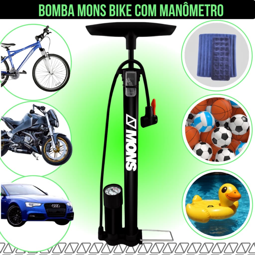 Bomba de Chão Mons Snow 160 PSI, Manômetro, Bico, Presta Schrader, Aço Bike Carro Moto Infláveis