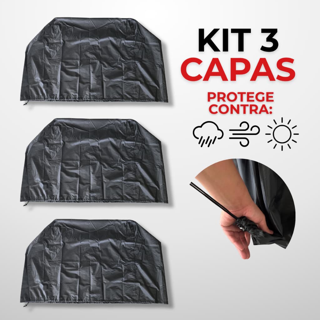 Kit 3 Capas para Churrasqueira Impermeável PVC Preta Sol Chuva Poeira Proteção 95x120x66cm