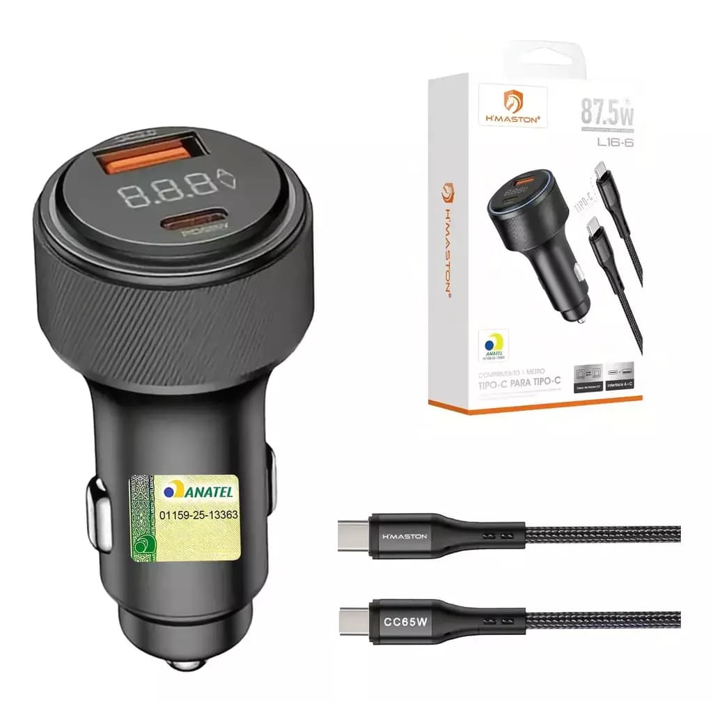 CARREGADOR VEICULAR H'Maston L16 Carregador Veicular Turbo USB + PD 87,5W