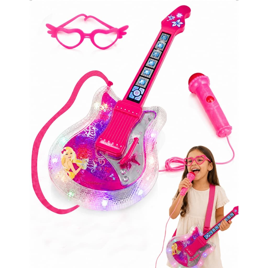 Guitarra Infantil Rosa com Microfone Luz e Som Brinquedo Musical Educativo para Crianças