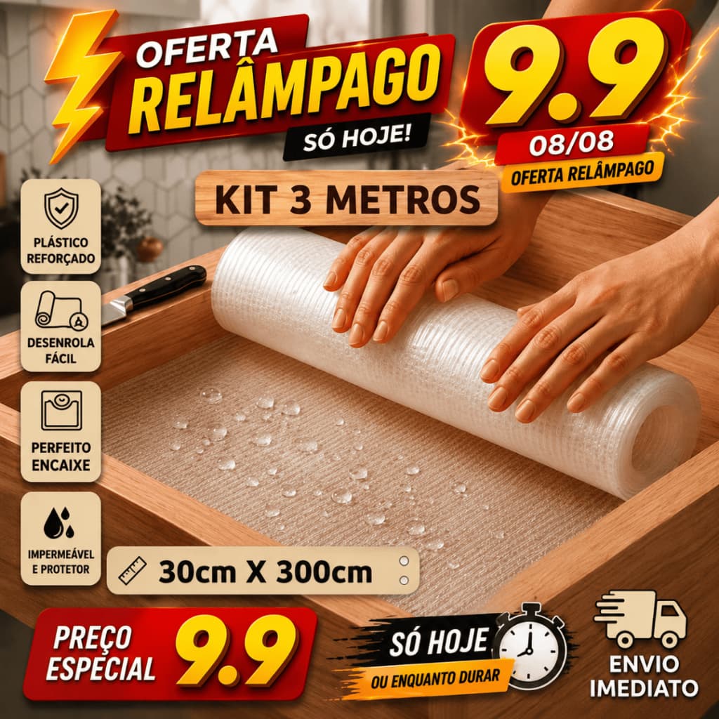 Kit 3 Metros Forro Antiderrapante Impermmeável Ecológico e Resistente para Armário Gaveta Guarda Roupas Transparente