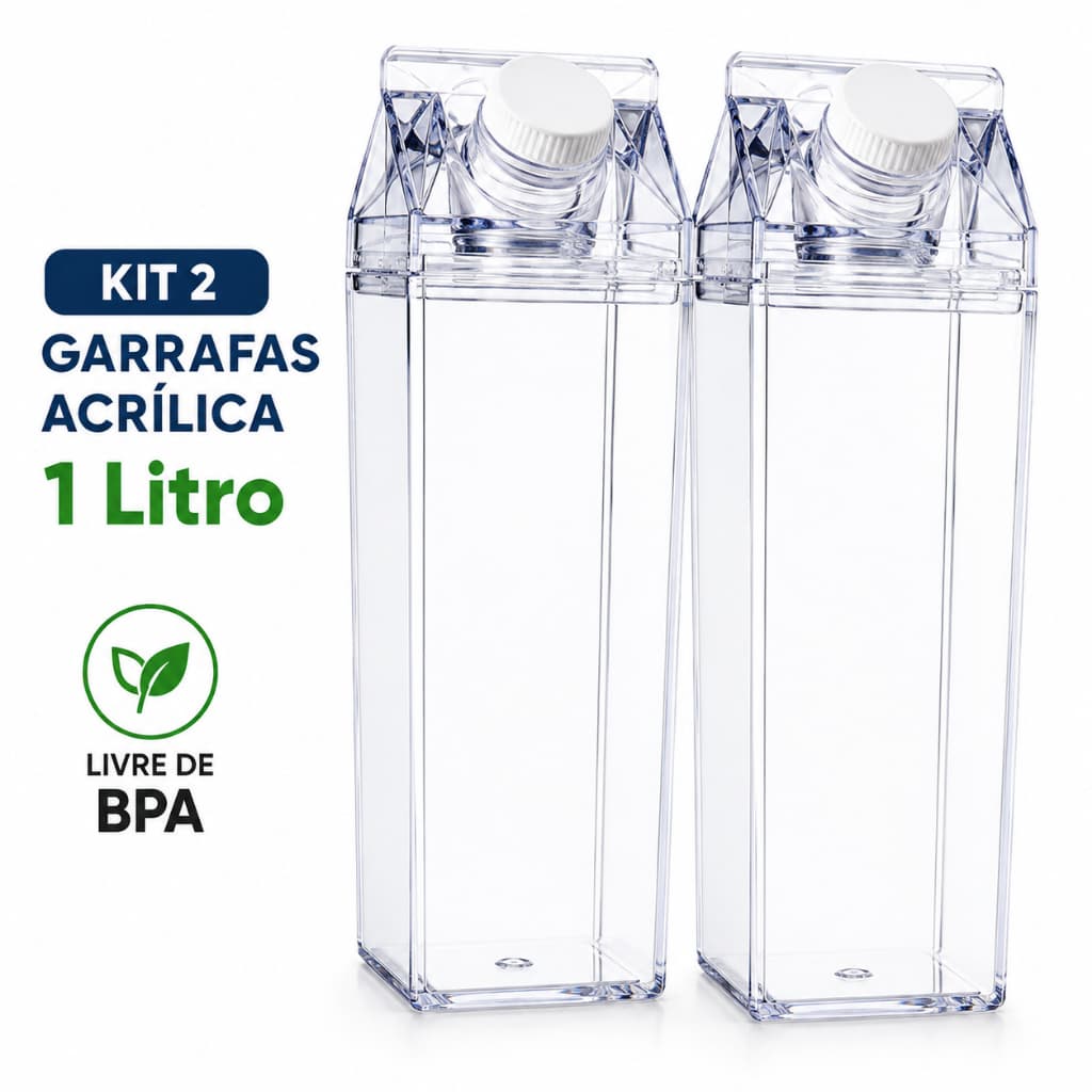 Kit 2 Garrafas Caixa de Leite Acrílico1L Transparente com Tampa Rosqueável Garrafa para Água, Leite, Suco para Geladeira