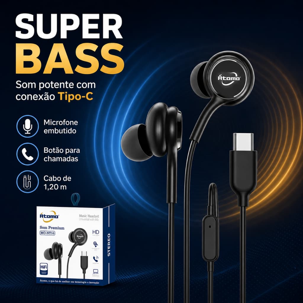 Fone de Ouvido Tipo C com Fio para Celular USB-C Super Bass com Microfone