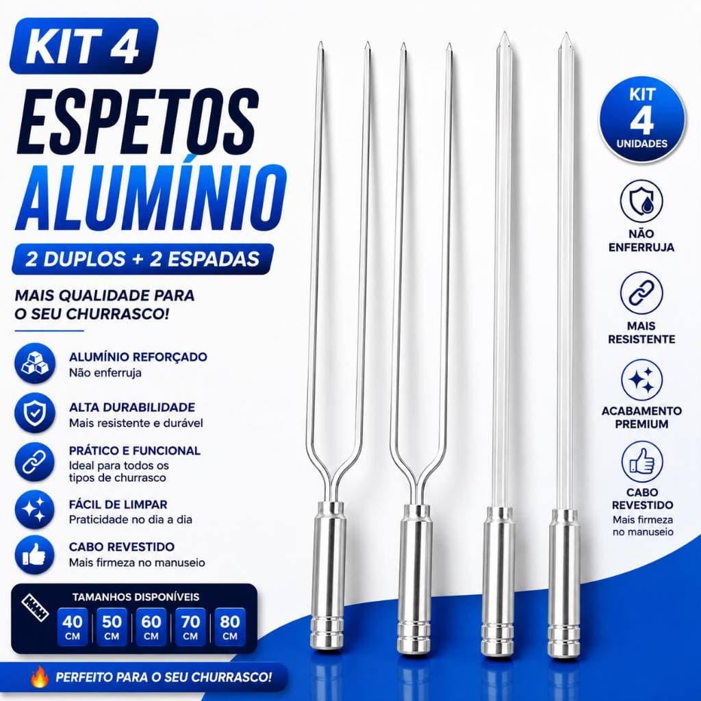 Kit 4 Espetos para Churrasco Alumínio Reforçado Espada Duplo 40 50 60 70 80cm Cabo Resistente