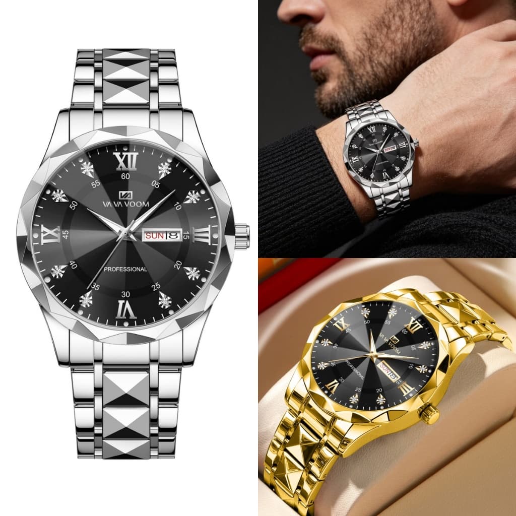 Relógio Masculino Aço Inoxidável Luxo，Relógio de Pulso Quartzo com Duplo Calendário，Relógio Masculino para Presente