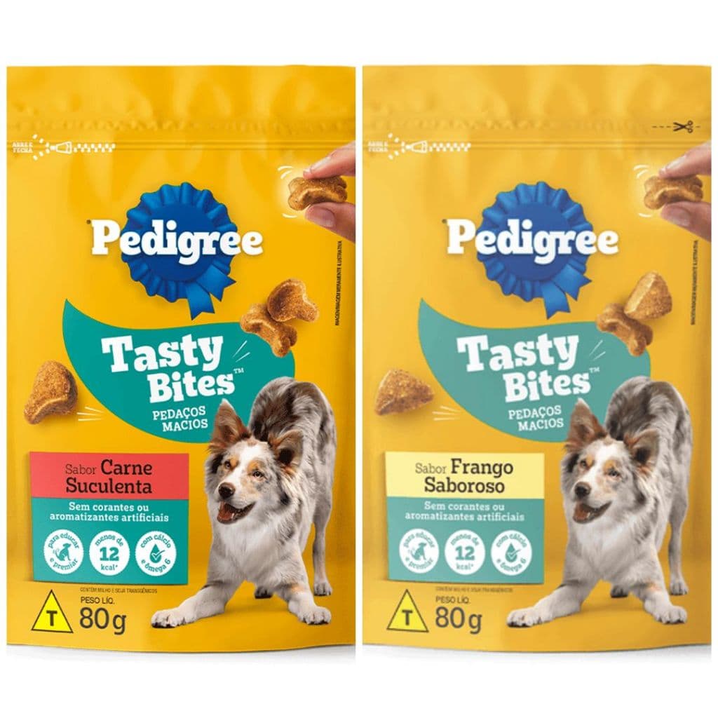 Kit com 2 sabores Petisco Pedigree Tasty Bites para Cães Adultos Frango e Carne 80g cada