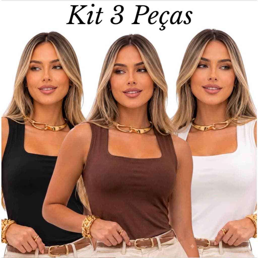 Kit 3 Blusa Regata Decote Quadrado Reto Suplex Lisa Blogueira Tendência